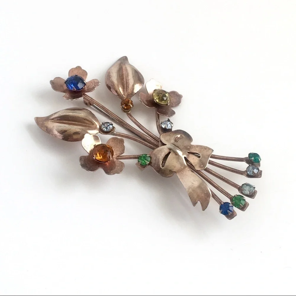 Art Deco Gold Vermeil Brooch‎ Sterling Silver Flower Spray Pin Floral Rhinestone